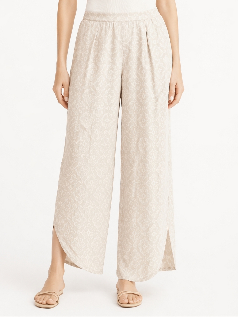 Cora Beach Pant Neutral Wide Leg Resort Pants Side Slit Coastal Chic NWOT Large